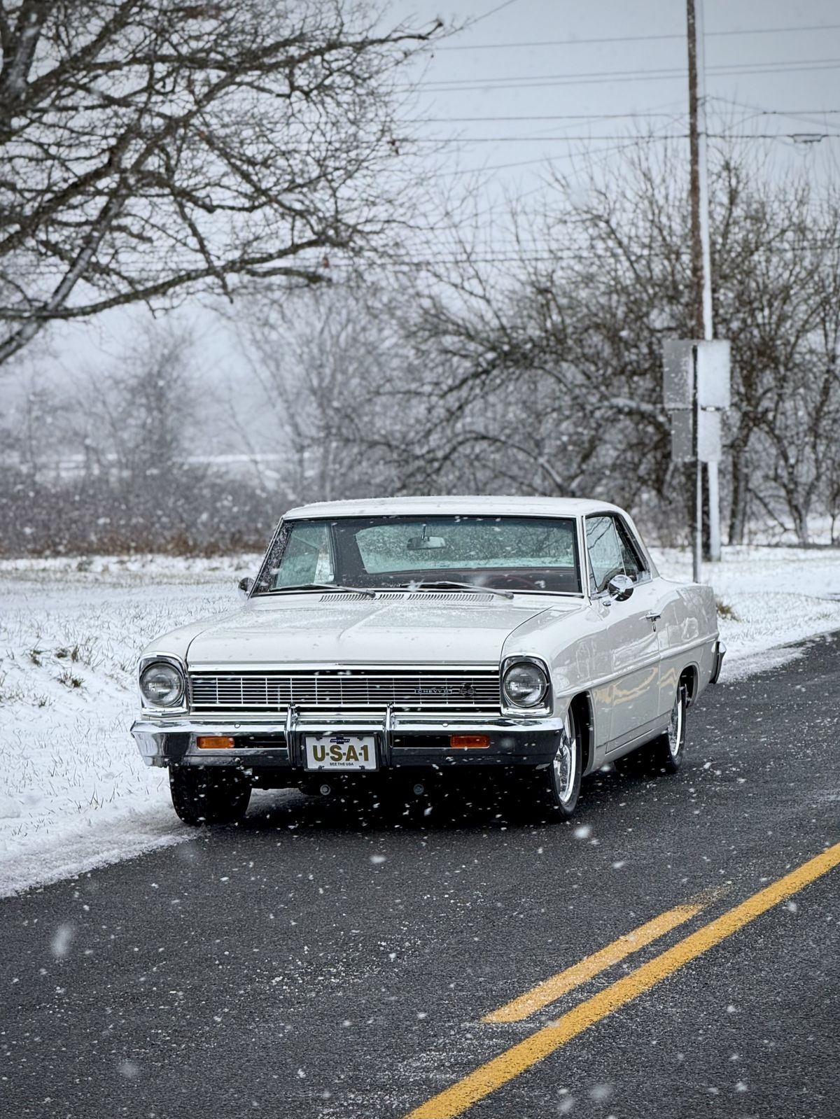 Chevy II Nova in falling snow